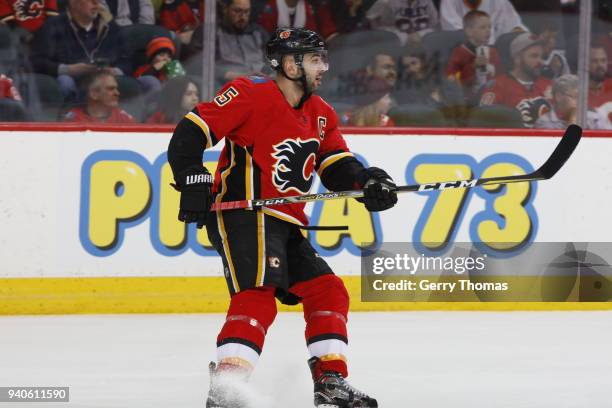 Mark Giordano of the Calgary Flames skates against the Colorado Avalanche during an NHL game on February 24, 2018 at the Scotiabank Saddledome in...