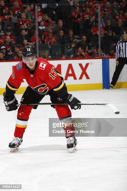 Johnny Gaudreau of the Calgary Flames skates against the Colorado Avalanche during an NHL game on February 24, 2018 at the Scotiabank Saddledome in...
