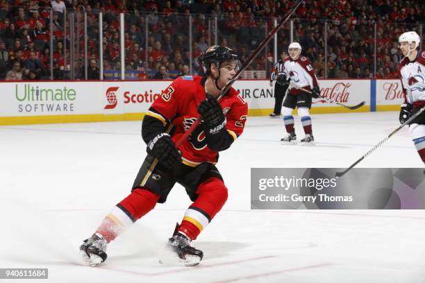 Sean Monahan of the Calgary Flames skates against the Colorado Avalanche during an NHL game on February 24, 2018 at the Scotiabank Saddledome in...