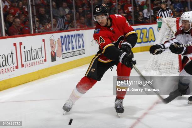 Travis Hamonic of the Calgary Flames skates against the Colorado Avalanche during an NHL game on February 24, 2018 at the Scotiabank Saddledome in...