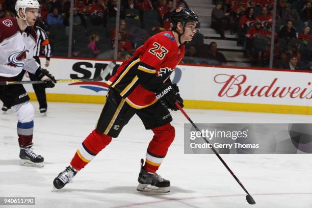 Sean Monahan of the Calgary Flames skates against the Colorado Avalanche during an NHL game on February 24, 2018 at the Scotiabank Saddledome in...