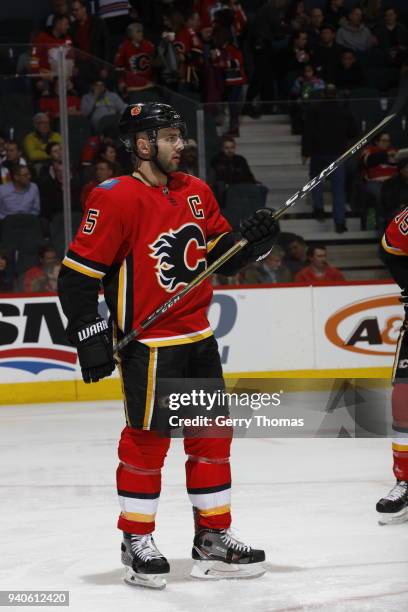 Mark Giordano of the Calgary Flames skates against the New York Rangers during an NHL game on March 2, 2018 at the Scotiabank Saddledome in Calgary,...