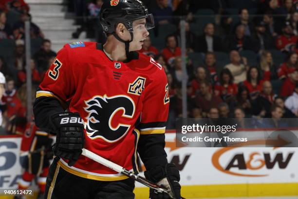 Sean Monahan of the Calgary Flames skates against the New York Rangers during an NHL game on March 2, 2018 at the Scotiabank Saddledome in Calgary,...