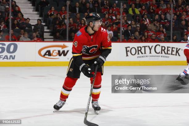 Travis Hamonic of the Calgary Flames skates against the New York Rangers during an NHL game on March 2, 2018 at the Scotiabank Saddledome in Calgary,...