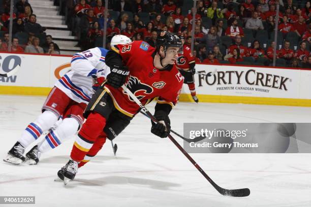 Sean Monahan of the Calgary Flames skates against the New York Rangers during an NHL game on March 2, 2018 at the Scotiabank Saddledome in Calgary,...