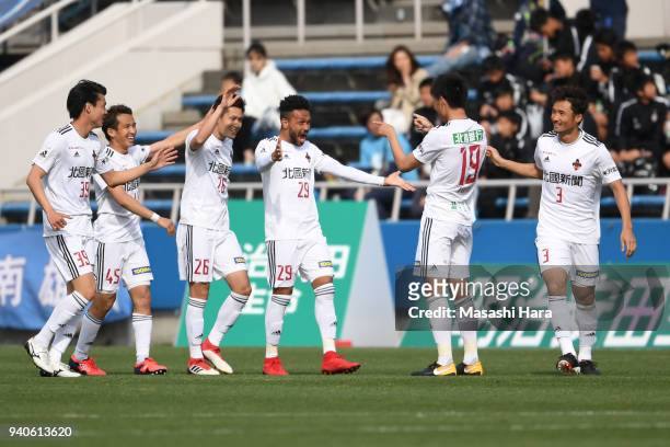 Players of Zweigen Kanazawa celebrate the second goal during the J.League J2 match between Yokohama FC and Zweigen Kanazawa at Nippatsu Mitsuzawa...