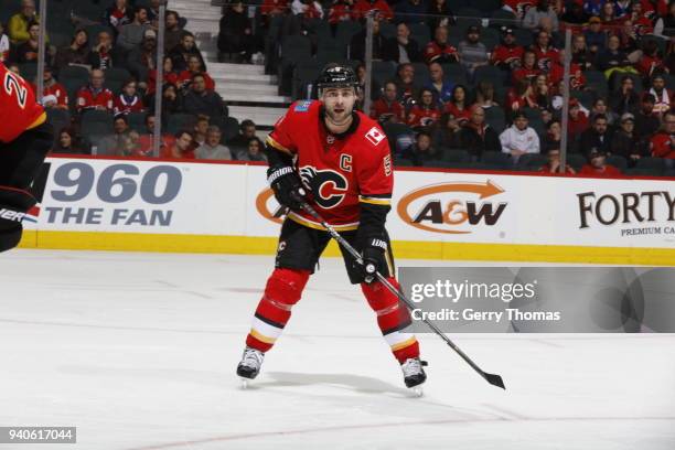 Mark Giordano of the Calgary Flames skates against the New York Rangers during an NHL game on March 2, 2018 at the Scotiabank Saddledome in Calgary,...