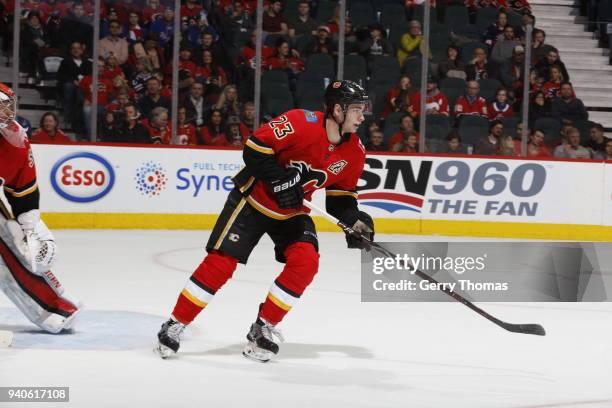 Sean Monahan of the Calgary Flames skates against the New York Rangers during an NHL game on March 2, 2018 at the Scotiabank Saddledome in Calgary,...