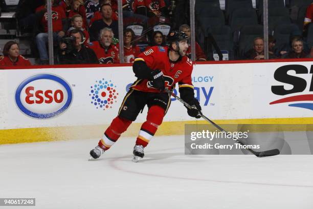 Mark Giordano of the Calgary Flames skates against the New York Rangers during an NHL game on March 2, 2018 at the Scotiabank Saddledome in Calgary,...