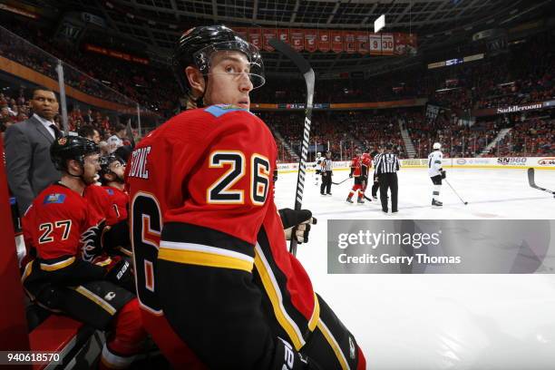 Michael Stone of the Calgary Flames looks on during an NHL game on March 16, 2018 at the Scotiabank Saddledome in Calgary, Alberta, Canada.