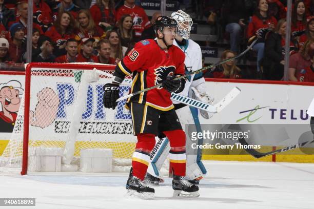 Micheal Ferland of the Calgary Flames skates against the San Jose Sharks during an NHL game on March 16, 2018 at the Scotiabank Saddledome in...