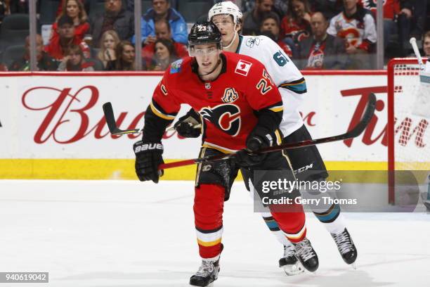 Sean Monahan of the Calgary Flames skates against the San Jose Sharks during an NHL game on March 16, 2018 at the Scotiabank Saddledome in Calgary,...
