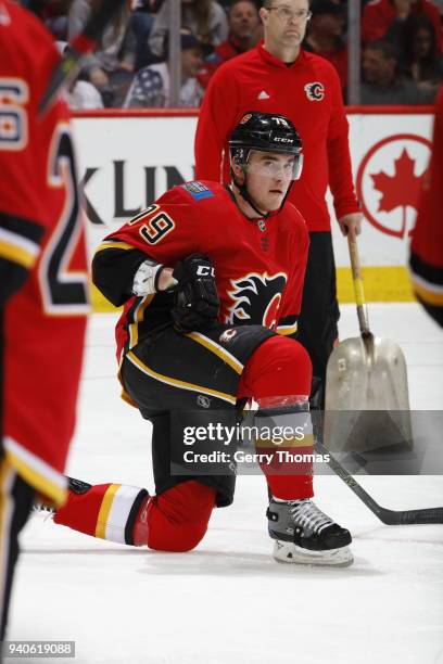 Micheal Ferland of the Calgary Flames in action during an NHL game on March 16, 2018 at the Scotiabank Saddledome in Calgary, Alberta, Canada. "n