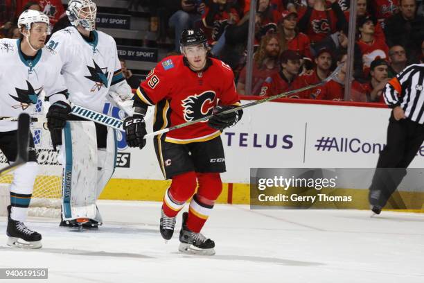 Micheal Ferland of the Calgary Flames skates against the San Jose Sharks during an NHL game on March 16, 2018 at the Scotiabank Saddledome in...