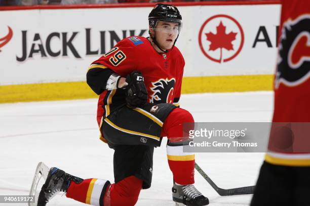 Micheal Ferland of the Calgary Flames in action during an NHL game on March 16, 2018 at the Scotiabank Saddledome in Calgary, Alberta, Canada. "n