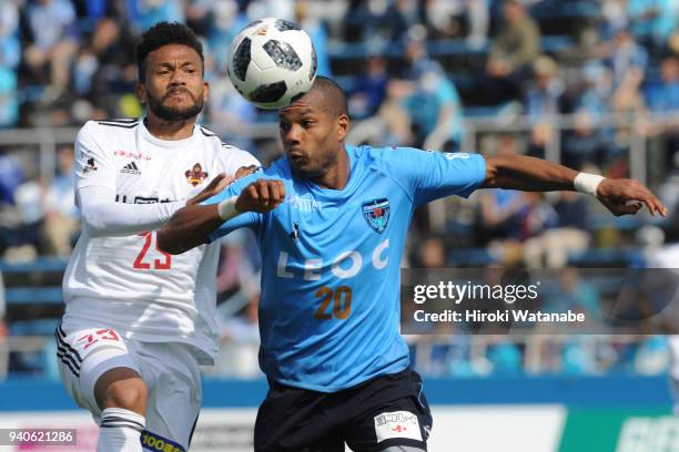 Maranhao of Zweigen Kanazawa and Calvin Jong A Pin of Yokohama FC compete for the ball during the J.League J2 match between Yokohama FC and Zweigen...