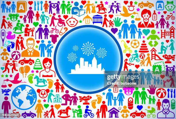 city fireworks family and parenthood vector icon pattern - man building crib stock illustrations