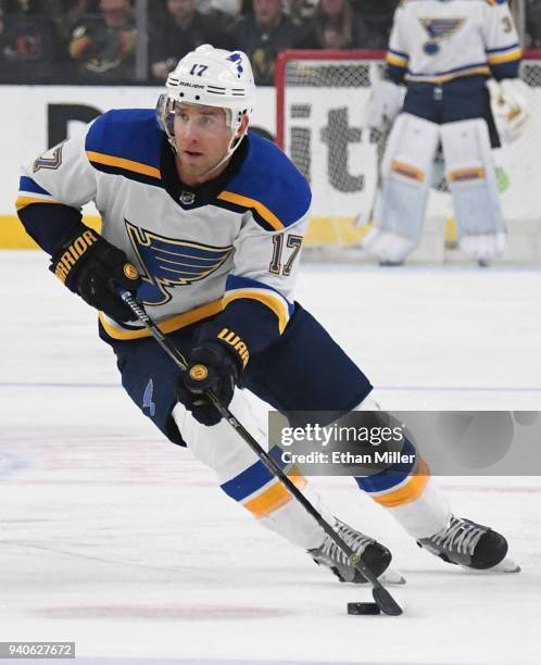 Jaden Schwartz of the St. Louis Blues skates with the puck against the Vegas Golden Knights in the first period of their game at T-Mobile Arena on...