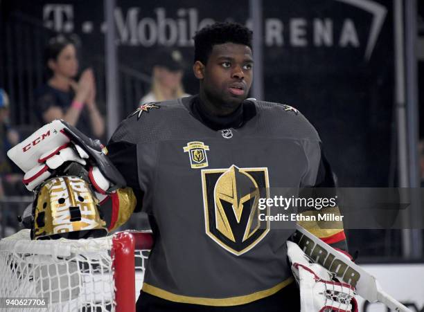 Malcolm Subban of the Vegas Golden Knights gets ready for a game against the St. Louis Blues at T-Mobile Arena on March 30, 2018 in Las Vegas,...