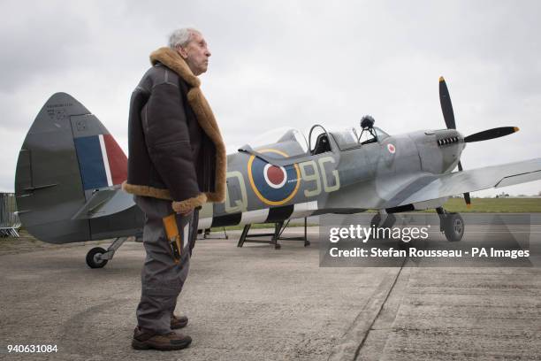 Former Spitfire pilot Squadron Leader Allan Scott prepares to fly as a passenger in a Spitfire as part of the RAF100 commemorations at Biggin Hill...