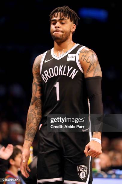 Angelo Russell of the Brooklyn Nets reacts while heading to the bench in the first quarter against the Cleveland Cavaliers during their game at...