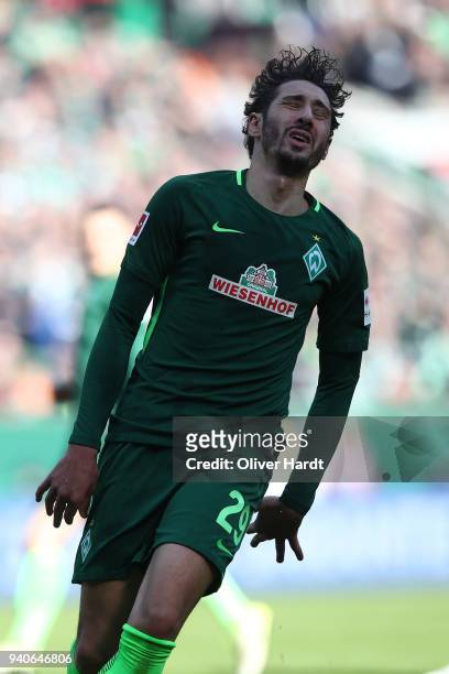 Ishak Belfodil of Bremen appears frustrated during the Bundesliga match between SV Werder Bremen and Eintracht Frankfurt at Weserstadion on April 1,...