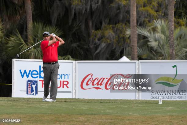 Brian Davis plays his shot from the first tee during the third round of the Web.com Tour's Savannah Golf Championship at the Landings Club Deer Creek...