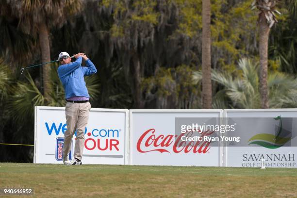 Bryan Bigley plays his shot from the first tee during the third round of the Web.com Tour's Savannah Golf Championship at the Landings Club Deer...
