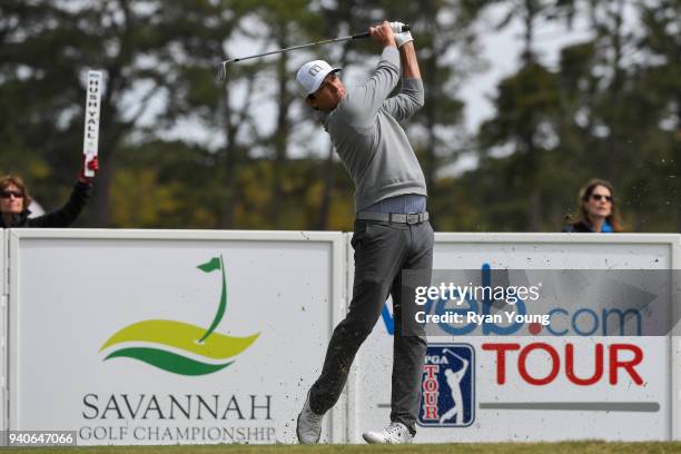 Peter Tomasulo plays his shot from the second tee during the third round of the Web.com Tour's Savannah Golf Championship at the Landings Club Deer...