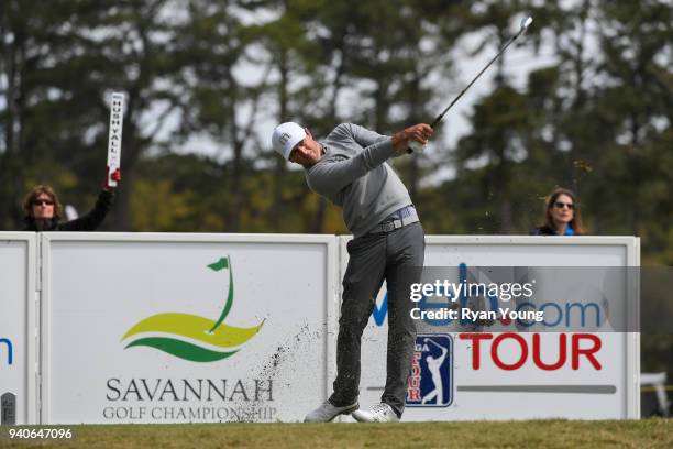 Peter Tomasulo plays his shot from the second tee during the third round of the Web.com Tour's Savannah Golf Championship at the Landings Club Deer...