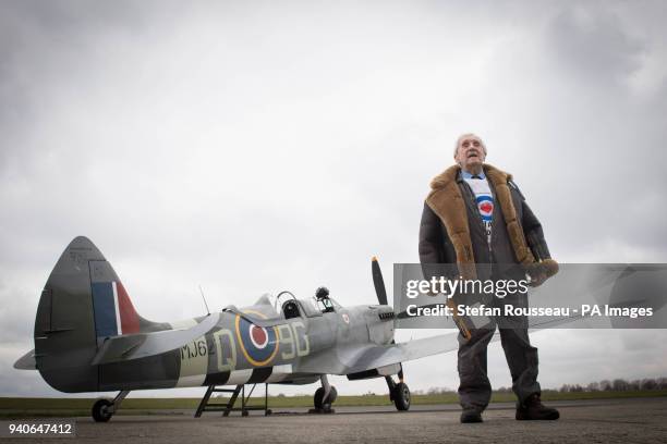 Former Spitfire pilot Squadron Leader Allan Scott prepares to fly as a passenger in a Spitfire as part of the RAF100 commemorations at Biggin Hill...