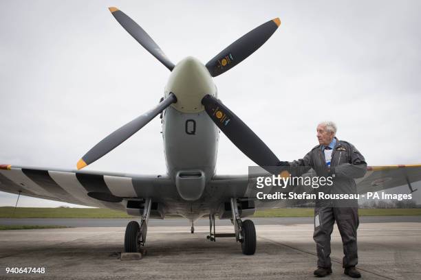 Former Spitfire pilot Squadron Leader Allan Scott prepares to fly as a passenger in a Spitfire as part of the RAF100 commemorations at Biggin Hill...