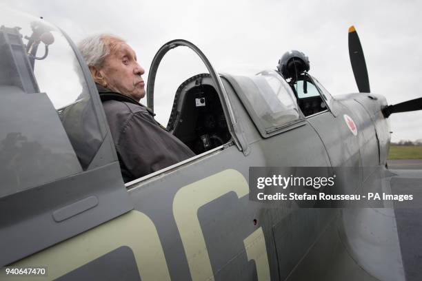 Former Spitfire pilot Squadron Leader Allan Scott prepares to fly as a passenger in a Spitfire as part of the RAF100 commemorations at Biggin Hill...