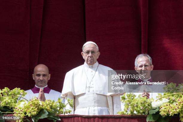 Pope Francis attends the Easter Mass and delivers his Urbi Et Orbi blessing and message to the World in St. Peter's Square on April 1, 2018 in...