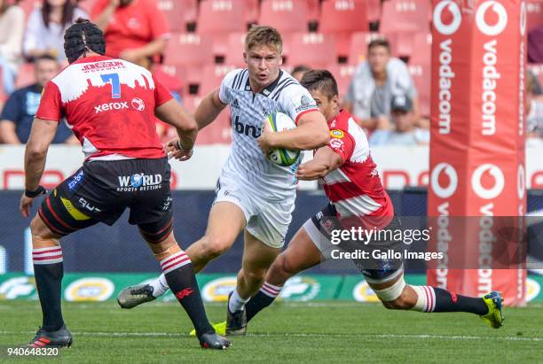 Jack Goodhue of the Crusaders with possession during the Super Rugby match between Emirates Lions and Crusaders at Emirates Airline Park on April 01,...