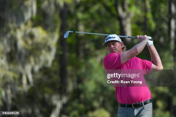 Mark Anderson plays his shot from the 17th tee during the third round of the Web.com Tour's Savannah Golf Championship at the Landings Club Deer...