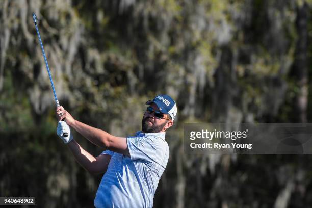 Edward Loar plays his shot from the 17th tee during the third round of the Web.com Tour's Savannah Golf Championship at the Landings Club Deer Creek...