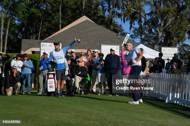 Justin Hueber plays a shot on the 18th hole during the third round of the Web.com Tour's Savannah Golf Championship at the Landings Club Deer Creek...