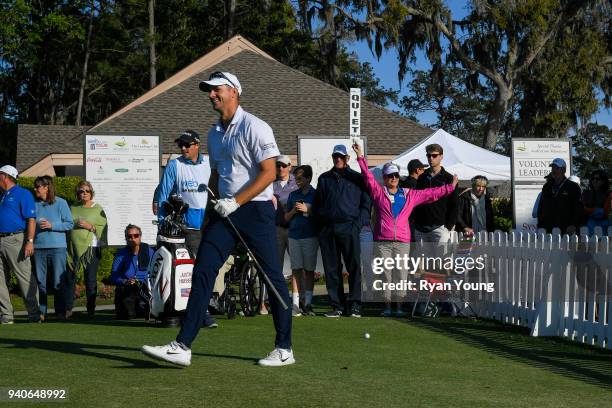 Justin Hueber laughs while assessing his shot on the 18th hole during the third round of the Web.com Tour's Savannah Golf Championship at the...