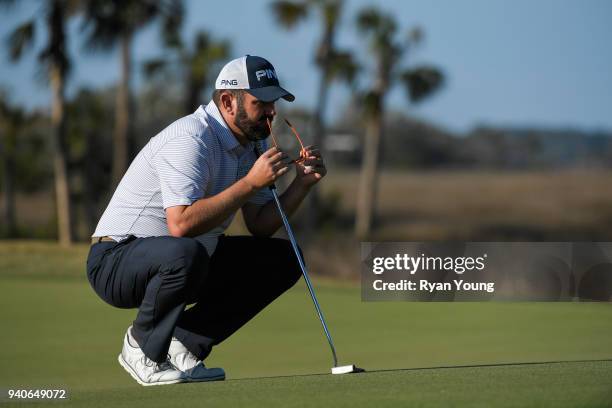 Edward Loar lines up a putt on the 18th green during the third round of the Web.com Tour's Savannah Golf Championship at the Landings Club Deer Creek...