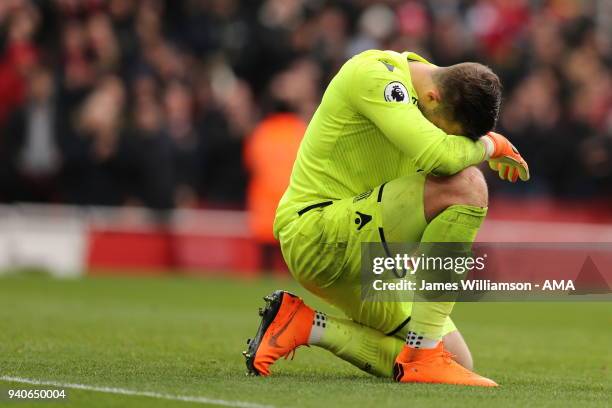Jack Butland of Stoke City dejected after conceeding a second goal during the Premier League match between Arsenal and Stoke City at Emirates Stadium...