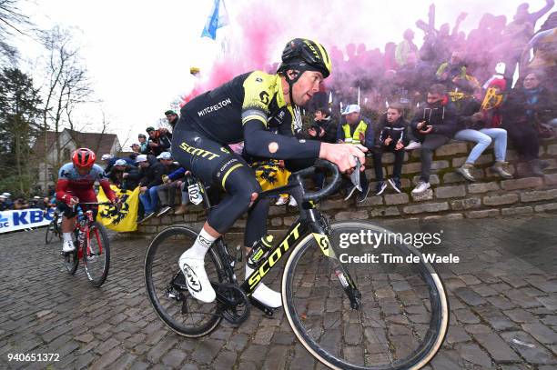 Jack Bauer of New Zealand and Team Michelton Scott / Injury / Wall of Geraardsbergen / De Muur / Fans / Public / during the 102nd Tour of Flanders...