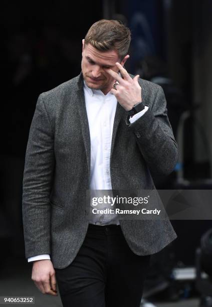 Dublin , Ireland - 1 April 2018; Recently retired Leinster player Jamie Heaslip is presented to the crowd ahead of the European Rugby Champions Cup...