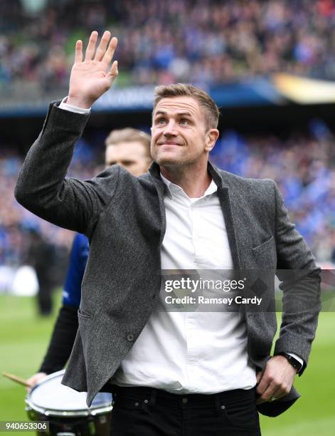 Dublin , Ireland - 1 April 2018; Recently retired Leinster player Jamie Heaslip is presented to the crowd ahead of the European Rugby Champions Cup...