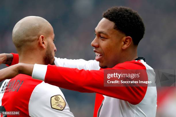 Jean Paul Boetius of Feyenoord celebrates 1-0 with Karim El Ahmadi of Feyenoord during the Dutch Eredivisie match between Feyenoord v Excelsior at...