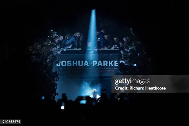 Anthony Joshua walks to the ring prior to his WBA, IBF, WBO & IBO Heavyweight Championship title fight against Joseph Parker at Principality Stadium...