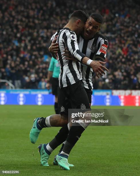 Ayoze Perze of Newcastle United celebrates with team mate Kennedy after scoring the only goal of the game during the Premier League match between...