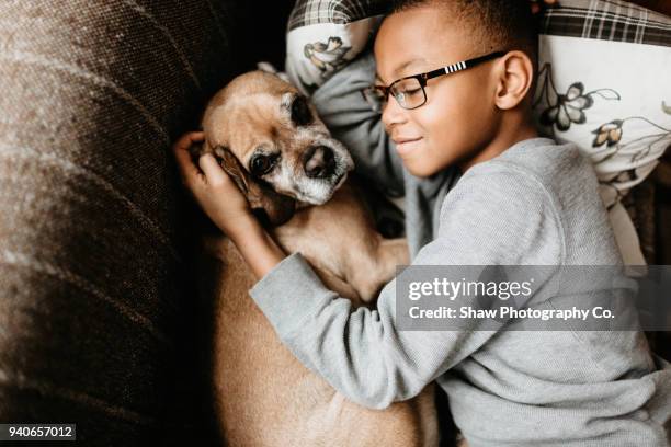 africaan america boy age 9 cuddled with dog - pet adoption stock-fotos und bilder