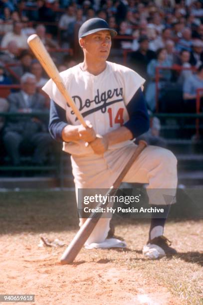 Gil Hodges of the Los Angeles Dodgers waits on-deck during a Spring Training game against the Boston Red Sox circa March, 1958 in Vero Beach, Florida.