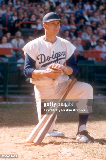 Gil Hodges of the Los Angeles Dodgers waits on-deck during a Spring Training game against the Boston Red Sox circa March, 1958 in Vero Beach, Florida.